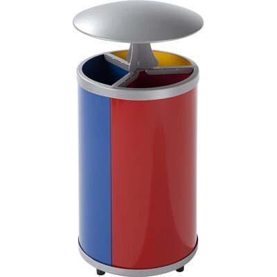 VAR Coletor de materiais recicláveis, redondo , volume 3 x 30 l, AxØ 950 x 420 mm, com telhado, amarelo, azul, vermelho, Coletor de materiais recicláveis, redondo, volume 3 x 30 l, AxØ 950 x 420 mm, com telhado, amarelo, azul, vermelho. Estação de recolha VAR Coletor de materiais recicláveis, redondo , volume 3 x 30 l, AxØ 950 x 420 mm, com telhado, amarelo, azul, vermelho, Coletor de materiais recicláveis, redondo, volume 3 x 30 l, AxØ 950 x 420 mm, com telhado, amarelo, azul, vermelho. Estação de recolha