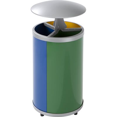 VAR Coletor de materiais recicláveis, redondo , volume 3 x 30 l, AxØ 950 x 420 mm, com telhado, amarelo, azul, verde, Coletor de materiais recicláveis, redondo, volume 3 x 30 l, AxØ 950 x 420 mm, com telhado, amarelo, azul, verde. Estação de recolha com 3 VAR Coletor de materiais recicláveis, redondo , volume 3 x 30 l, AxØ 950 x 420 mm, com telhado, amarelo, azul, verde, Coletor de materiais recicláveis, redondo, volume 3 x 30 l, AxØ 950 x 420 mm, com telhado, amarelo, azul, verde. Estação de recolha com 3