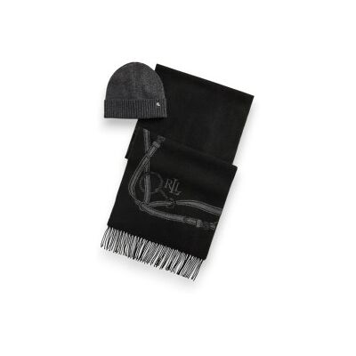 Lauren Ralph Lauren para mulher. 454P23530001 Cachecol com motivo equestre e gorro preto (OSFA), Casual, Lã, Clássico Lauren Ralph Lauren para mulher. 454P23530001 Cachecol com motivo equestre e gorro preto (OSFA), Casual, Lã, Clássico