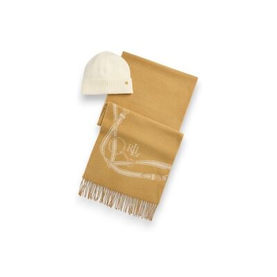 Lauren Ralph Lauren para mulher. 454P23530002 Cachecol com motivo equestre e gorro bege (OSFA), Casual, Lã, Clássico Lauren Ralph Lauren para mulher. 454P23530002 Cachecol com motivo equestre e gorro bege (OSFA), Casual, Lã, Clássico