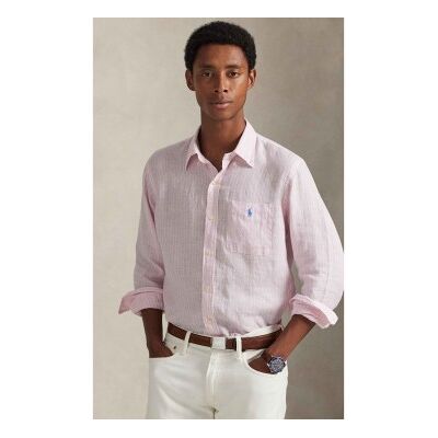 Polo Ralph Lauren para homem. 710P07024001 Camisa de linho de ajuste personalizado com riscas cor-de-rosa (L), Casual, Clássico, Manga compr Polo Ralph Lauren para homem. 710P07024001 Camisa de linho de ajuste personalizado com riscas cor-de-rosa (L), Casual, Clássico, Manga compr