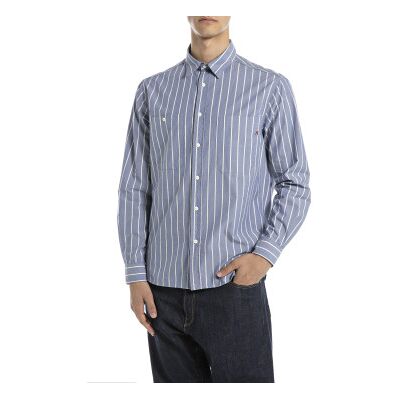 Replay para homem. M4153.000.52852 Camisa azul tingida com fio (S), Casual, Clássico, Poliéster, Manga comprida Replay para homem. M4153.000.52852 Camisa azul tingida com fio (S), Casual, Clássico, Poliéster, Manga comprida