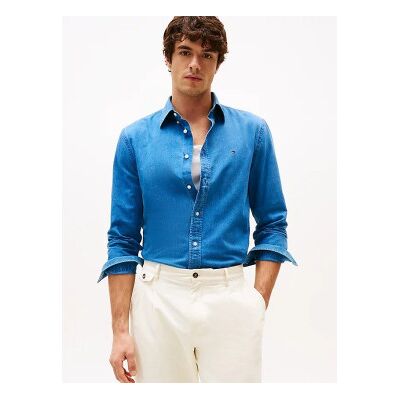 Tommy Hilfiger para homem. MW0MW38134 Camisa de chambray azul com corte regular (L), Casual, Algodão, Manga comprida Tommy Hilfiger para homem. MW0MW38134 Camisa de chambray azul com corte regular (L), Casual, Algodão, Manga comprida