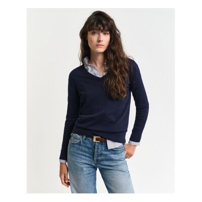 Gant para mulher. 4800400 Pulôver com decote em V em malha fina azul-marinho (S), Casual, Algodão orgânico, Sustentável Gant para mulher. 4800400 Pulôver com decote em V em malha fina azul-marinho (S), Casual, Algodão orgânico, Sustentável