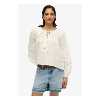 Superdry para mulher. W6012022A Blusa de renda branca Ibiza (S), Branco, Casual, Algodão, Manga comprida Superdry para mulher. W6012022A Blusa de renda branca Ibiza (S), Branco, Casual, Algodão, Manga comprida