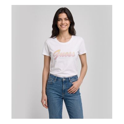 Guess para mulher. W6YI56K5028 Camiseta Logo Lantejoulas Degradê Branco (S), Casual, Algodão, Manga curta Guess para mulher. W6YI56K5028 Camiseta Logo Lantejoulas Degradê Branco (S), Casual, Algodão, Manga curta