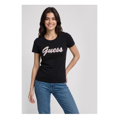 Guess para mulher. W6YI56K5028 Camiseta Logo Lantejoulas Degradê Preto (S), Casual, Algodão, Manga curta Guess para mulher. W6YI56K5028 Camiseta Logo Lantejoulas Degradê Preto (S), Casual, Algodão, Manga curta