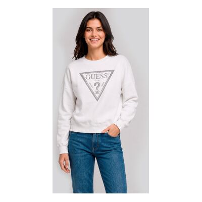 Guess para mulher. W6YQ14K4352 Moletom Triângulo Glitter Branco (S), Casual, Algodão, Manga comprida Guess para mulher. W6YQ14K4352 Moletom Triângulo Glitter Branco (S), Casual, Algodão, Manga comprida