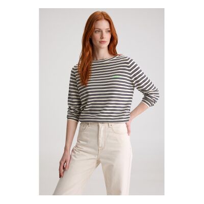Bellerose para mulher. BW262917 K1008S Camiseta Gerhi listras branco, preto (S), Casual, Algodão, Manga comprida Bellerose para mulher. BW262917 K1008S Camiseta Gerhi listras branco, preto (S), Casual, Algodão, Manga comprida