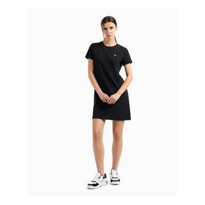 EA7 para mulher. 7W000084_AF12484 Vestido curto em tecido de malha de algodão elástico preto (L), Casual, Manga curta EA7 para mulher. 7W000084_AF12484 Vestido curto em tecido de malha de algodão elástico preto (L), Casual, Manga curta