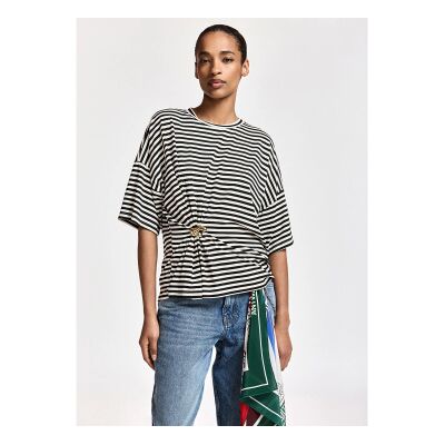 Essentiel Antwerp para mulher. KRISS Camiseta listrada com broche branco, preto (S), Casual, Viscoso, Manga curta Essentiel Antwerp para mulher. KRISS Camiseta listrada com broche branco, preto (S), Casual, Viscoso, Manga curta