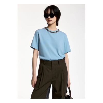 Essentiel Antwerp para mulher. KLAIM Camiseta adornada com corrente azul (S), Casual, Algodão, Manga curta Essentiel Antwerp para mulher. KLAIM Camiseta adornada com corrente azul (S), Casual, Algodão, Manga curta