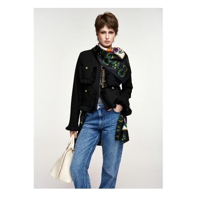 Essentiel Antwerp para mulher. KINETIC Jaqueta ajustada com detalhes de franjas e bolsos de patch preto (34), Casual, Poliéster Essentiel Antwerp para mulher. KINETIC Jaqueta ajustada com detalhes de franjas e bolsos de patch preto (34), Casual, Poliéster