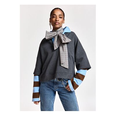 Essentiel Antwerp para mulher. KANTELOU Moletom de algodão em camadas com mangas às riscas cinza escuro (M), Casual, Manga comprida Essentiel Antwerp para mulher. KANTELOU Moletom de algodão em camadas com mangas às riscas cinza escuro (M), Casual, Manga comprida