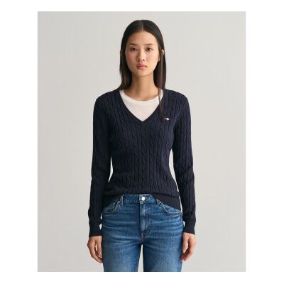 Gant para mulher. 4800101 Camisola de malha com decote em V em algodão elástico azul-marinho, tricotada em oitos (L), Casual, Manga comprida Gant para mulher. 4800101 Camisola de malha com decote em V em algodão elástico azul-marinho, tricotada em oitos (L), Casual, Manga comprida