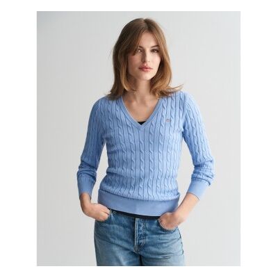 Gant para mulher. 4800101 Pulôver de malha com gola alta, azul, em algodão elástico, com decote em V (XL), Casual Gant para mulher. 4800101 Pulôver de malha com gola alta, azul, em algodão elástico, com decote em V (XL), Casual