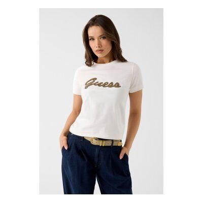 Guess para mulher. W6YI29K4348 Camiseta com logo de contas branco creme (L), Casual, Algodão, Manga curta Guess para mulher. W6YI29K4348 Camiseta com logo de contas branco creme (L), Casual, Algodão, Manga curta
