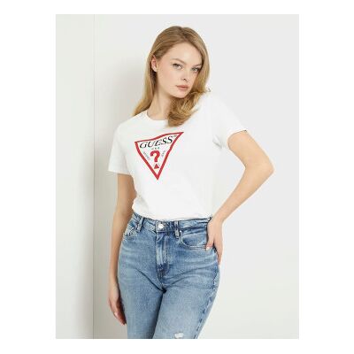 Guess para mulher. W1YI1BI3Z14 T-shirt branca com logótipo triangular (S), Branco, Casual, Algodão, Manga curta Guess para mulher. W1YI1BI3Z14 T-shirt branca com logótipo triangular (S), Branco, Casual, Algodão, Manga curta
