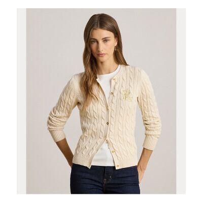 Lauren Ralph Lauren para mulher. 200932225001 Casaco de malha de algodão bege entrançado (S), Casual Lauren Ralph Lauren para mulher. 200932225001 Casaco de malha de algodão bege entrançado (S), Casual