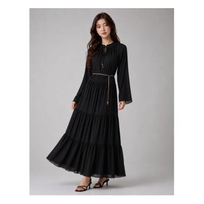 Michael Kors para mulher. MT683L17R3 Vestido longo com decote amarrado smock preto (M), Casual, Sapatos de Festa, Manga comprida, Polister R Michael Kors para mulher. MT683L17R3 Vestido longo com decote amarrado smock preto (M), Casual, Sapatos de Festa, Manga comprida, Polister R