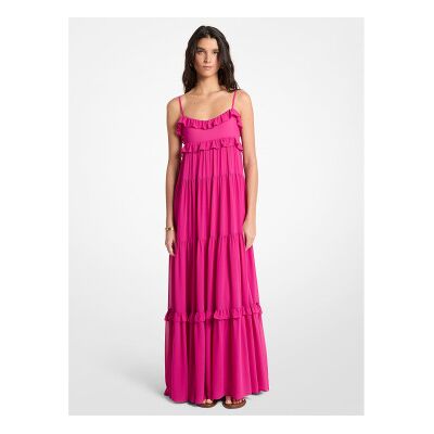 Michael Kors para mulher. MS683E37R3 Vestido maxi em georgette com folhos cor-de-rosa (M), Casual, Poliéster, Sem mangas / correias Michael Kors para mulher. MS683E37R3 Vestido maxi em georgette com folhos cor-de-rosa (M), Casual, Poliéster, Sem mangas / correias