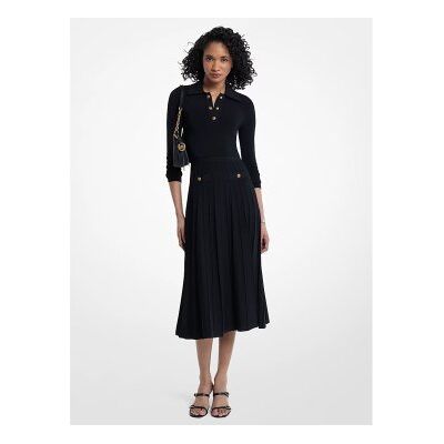 Michael Kors para mulher. MT683J3BFD Vestido tipo polo de malha elástica preta (XS), Preto, Casual, Clássico, Viscoso, Manga comprida Michael Kors para mulher. MT683J3BFD Vestido tipo polo de malha elástica preta (XS), Preto, Casual, Clássico, Viscoso, Manga comprida
