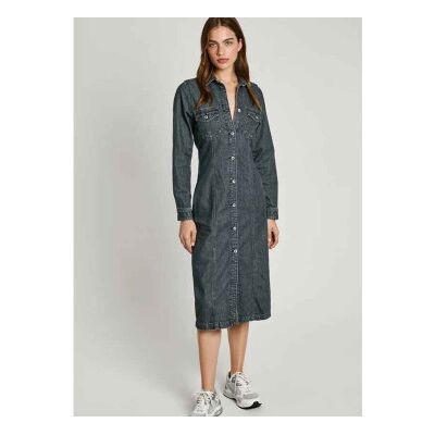 Pepe Jeans para mulher. PL953624 vestido midi de ganga de corte regular azul (XS), Casual, Algodão, Denim, Manga comprida, Sustentável Pepe Jeans para mulher. PL953624 vestido midi de ganga de corte regular azul (XS), Casual, Algodão, Denim, Manga comprida, Sustentável