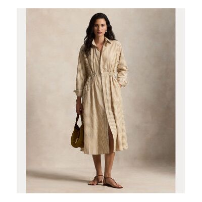Polo Ralph Lauren para mulher. 211A96364002 Vestido-camisa bege em algodão e linho (36), Casual, Manga comprida Polo Ralph Lauren para mulher. 211A96364002 Vestido-camisa bege em algodão e linho (36), Casual, Manga comprida