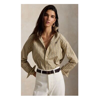 Polo Ralph Lauren para mulher. 211910743511 Camisa de algodão com riscas Relaxed Fit bege (L), Casual, Manga comprida Polo Ralph Lauren para mulher. 211910743511 Camisa de algodão com riscas Relaxed Fit bege (L), Casual, Manga comprida