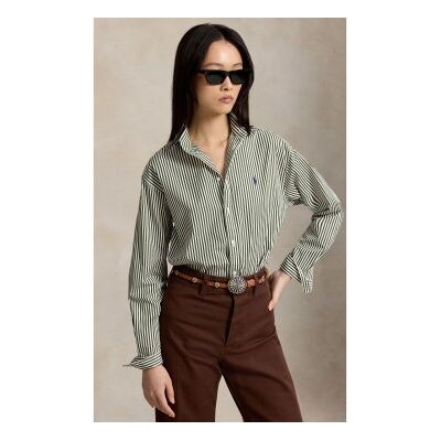 Polo Ralph Lauren para mulher. 211910743516 Camisa de algodão com riscas Relaxed Fit verde (XS), Casual, Manga comprida Polo Ralph Lauren para mulher. 211910743516 Camisa de algodão com riscas Relaxed Fit verde (XS), Casual, Manga comprida