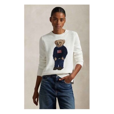 Polo Ralph Lauren para mulher. 211978359001 Pulôver de algodão e linho com urso Polo branco (XS), Casual Polo Ralph Lauren para mulher. 211978359001 Pulôver de algodão e linho com urso Polo branco (XS), Casual