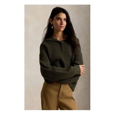 Polo Ralph Lauren para mulher. 211B17758001 Suéter de lã e algodão com peitilho verde-oliva (L), Casual, Manga comprida Polo Ralph Lauren para mulher. 211B17758001 Suéter de lã e algodão com peitilho verde-oliva (L), Casual, Manga comprida