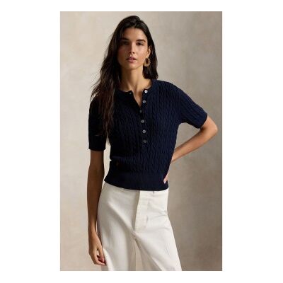 Polo Ralph Lauren para mulher. 211B17746002 Jersey Henley em ponto de tranças marinho (S), Casual, Algodão, Manga curta Polo Ralph Lauren para mulher. 211B17746002 Jersey Henley em ponto de tranças marinho (S), Casual, Algodão, Manga curta