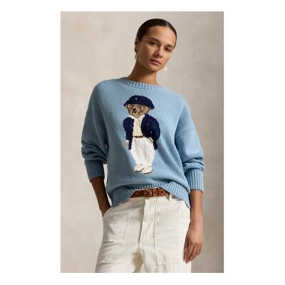 Polo Ralph Lauren para mulher. 211B17743001 Suéter de algodão oversized com Polo Bear azul (L), Casual, Manga comprida Polo Ralph Lauren para mulher. 211B17743001 Suéter de algodão oversized com Polo Bear azul (L), Casual, Manga comprida