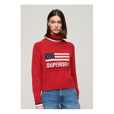 Superdry para mulher. W6110538A Pulôver de malha com gola virada para baixo Vermelho americano (L), Casual, Algodão, Manga comprida Superdry para mulher. W6110538A Pulôver de malha com gola virada para baixo Vermelho americano (L), Casual, Algodão, Manga comprida