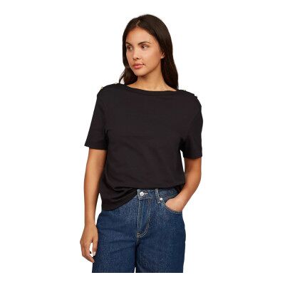 Tommy Hilfiger para mulher. WW0WW42907 T-shirt às riscas largas com decote em barco preto (M), Casual, Algodão, Manga curta Tommy Hilfiger para mulher. WW0WW42907 T-shirt às riscas largas com decote em barco preto (M), Casual, Algodão, Manga curta