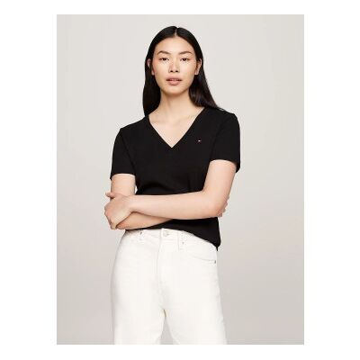 Tommy Hilfiger para mulher. WW0WW40584 T-shirt com decote em V preto (XS), Casual, Algodão, Manga curta Tommy Hilfiger para mulher. WW0WW40584 T-shirt com decote em V preto (XS), Casual, Algodão, Manga curta