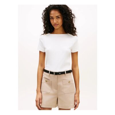 Tommy Hilfiger para mulher. WW0WW49250 T-shirt de corte justo com gola redonda e botões bege (S), Casual, Algodão, Manga curta Tommy Hilfiger para mulher. WW0WW49250 T-shirt de corte justo com gola redonda e botões bege (S), Casual, Algodão, Manga curta
