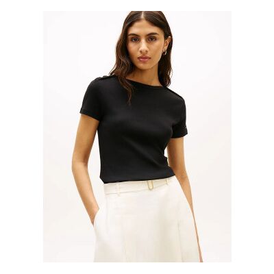 Tommy Hilfiger para mulher. WW0WW49250 T-shirt de gola redonda com botões preta (M), Preto, Casual, Algodão, Manga curta Tommy Hilfiger para mulher. WW0WW49250 T-shirt de gola redonda com botões preta (M), Preto, Casual, Algodão, Manga curta