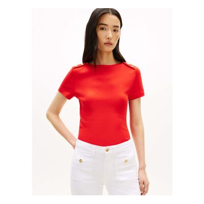 Tommy Hilfiger para mulher. WW0WW49250 T-shirt de corte justo com gola redonda e botões vermelhos (XS), Casual, Algodão, Manga curta Tommy Hilfiger para mulher. WW0WW49250 T-shirt de corte justo com gola redonda e botões vermelhos (XS), Casual, Algodão, Manga curta