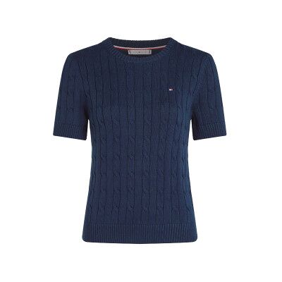 Tommy Hilfiger para mulher. WW0WW38744 Pulôver de manga curta em malha entrançada azul-marinho (L), Casual, Algodão Tommy Hilfiger para mulher. WW0WW38744 Pulôver de manga curta em malha entrançada azul-marinho (L), Casual, Algodão