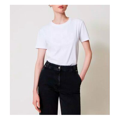 Twinset para mulher. 251TP2072 T-shirt com placa em T oval com brilhantes brancos (XS), Casual, Algodão, Manga curta Twinset para mulher. 251TP2072 T-shirt com placa em T oval com brilhantes brancos (XS), Casual, Algodão, Manga curta