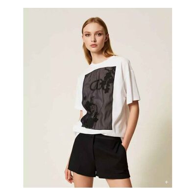 Twinset para mulher. 252TP2053 T-shirt oversize com bordado floral branco (XS), Casual, Algodão, Manga curta Twinset para mulher. 252TP2053 T-shirt oversize com bordado floral branco (XS), Casual, Algodão, Manga curta