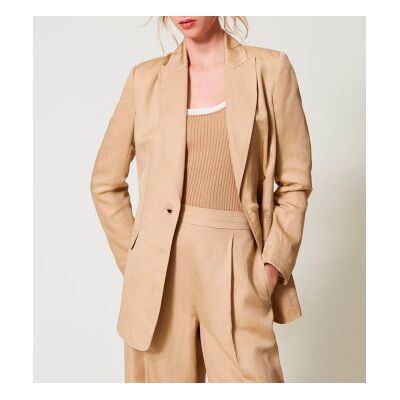 Twinset para mulher. 251TE2140 Casaco com um só peito em linho bege misturado com linho (44), Casual, Manga comprida, Lyocell Twinset para mulher. 251TE2140 Casaco com um só peito em linho bege misturado com linho (44), Casual, Manga comprida, Lyocell