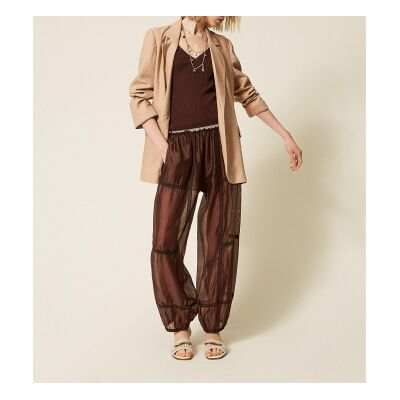 Twinset para mulher. 261TF2041 Calças jogger de chiffon com renda castanhas (42), Marrom, Casual, Lyocell Twinset para mulher. 261TF2041 Calças jogger de chiffon com renda castanhas (42), Marrom, Casual, Lyocell