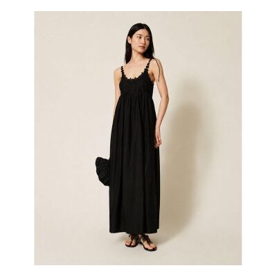 Twinset para mulher. 261TT2140 Vestido comprido com folho preto (40), Casual, Algodão, Sem mangas / correias Twinset para mulher. 261TT2140 Vestido comprido com folho preto (40), Casual, Algodão, Sem mangas / correias