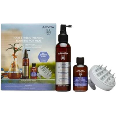 Rotina de fortalecimento capilar Apivita para Homens - Produtos contra a queda, tônico, xampu, escova de massagem Rotina de fortalecimento capilar Apivita para Homens - Produtos contra a queda, tônico, xampu, escova de massagem