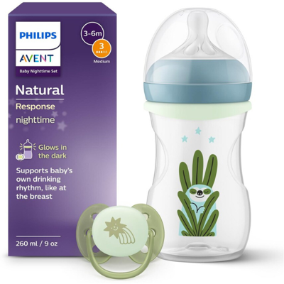 Philips Avent Biberão Natural Response Noturno 260ml + Chupeta Ultra Soft 0-6M Philips Avent Biberão Natural Response Noturno 260ml + Chupeta Ultra Soft 0-6M