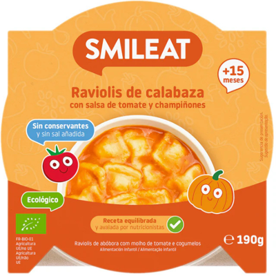Smileat Refeição Raviolis Abóbora Tomate e Cogumelos Bio 190g +15 Meses Smileat Refeição Raviolis Abóbora Tomate e Cogumelos Bio 190g +15 Meses
