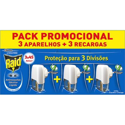 Insecticida Raid Eléctrico Líquido Aparelho 3x45noites 3x27ml Insecticida Raid Eléctrico Líquido Aparelho 3x45noites 3x27ml